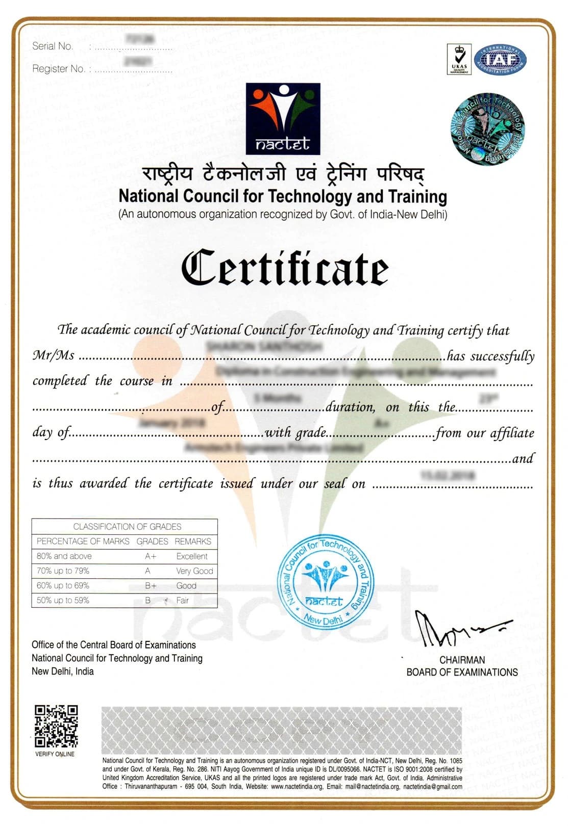 NACTET Sample Certificate